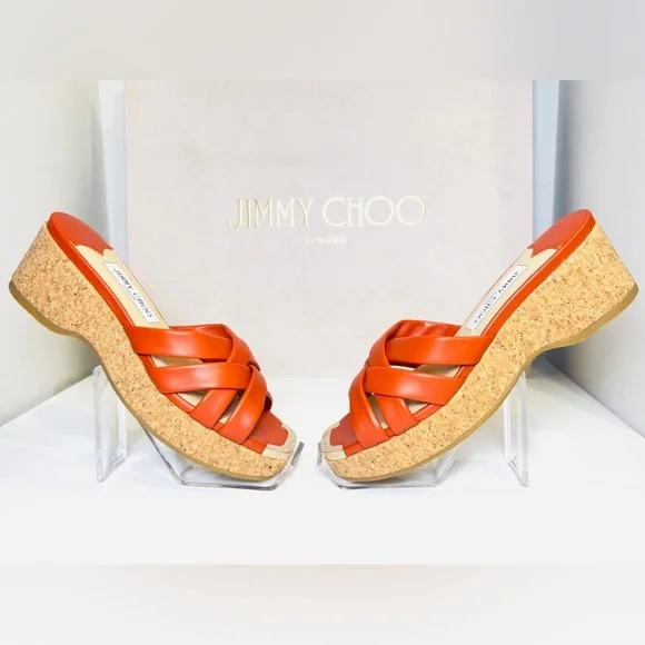 Jimmy Choo Maribou 50 Platform Wedge Slide Sandals Orange Napa Leather Size 38 - Picture 2 of 16